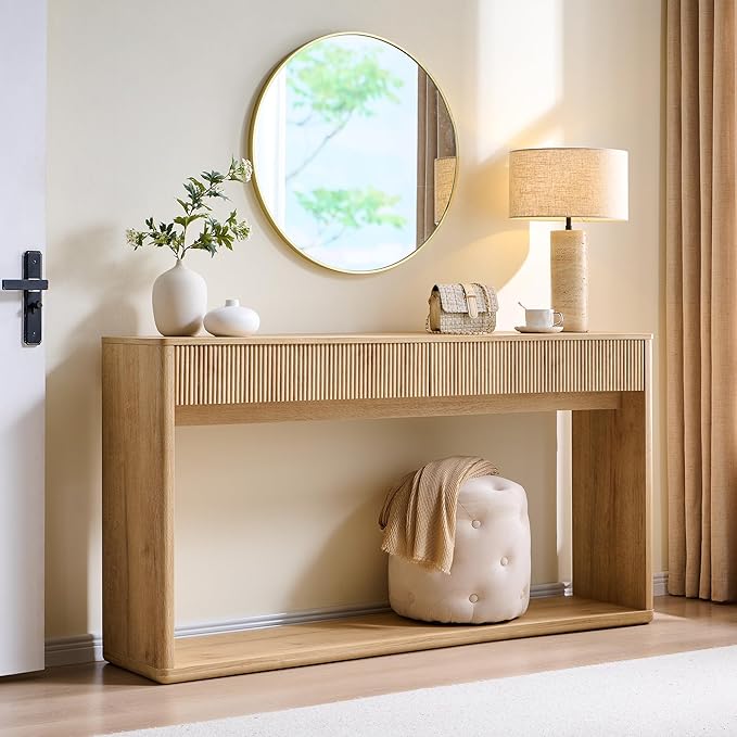 OKD 63" Fluted Console Table for Entryway, Modern Entryway Table with 2 Large Drawers, Long Sofa Table Behind Couch for Living Room, Hallway, Couch, Foyer,Natural Oak