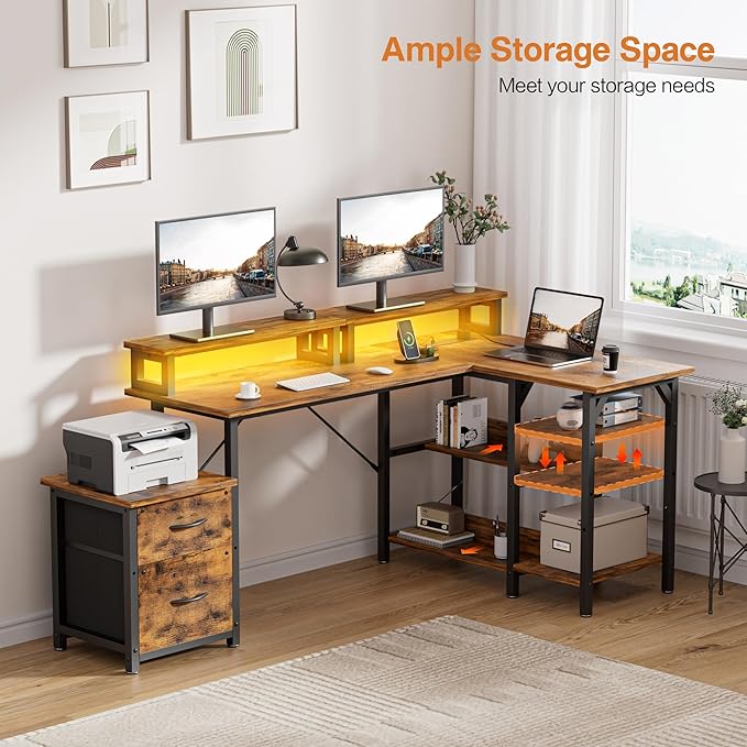 Office Desk L Shape with File Drawers&Power Outlet,YOUNGAR 69.3 Inch Reversible L Shaped Computer Desks,Corner L Shape or Long Desk Set up Monitor Stand &Storage Shelves, LED Lights &CPU Stand,Vintage