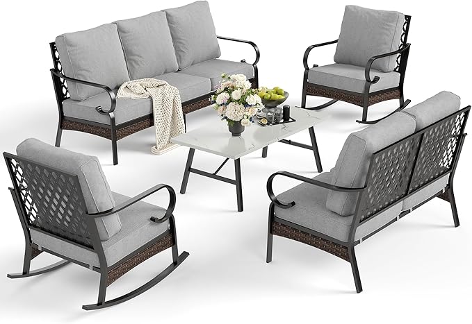5 Piece Metal Outdoor Patio Furniture Set, Patio Conversation Sets 3-Seater Sofa, 2-Seater Sofa, 2 Rocking Sofa with 5.75" Cushion & Coffee Table Black Backyard Furniture, Light Gray