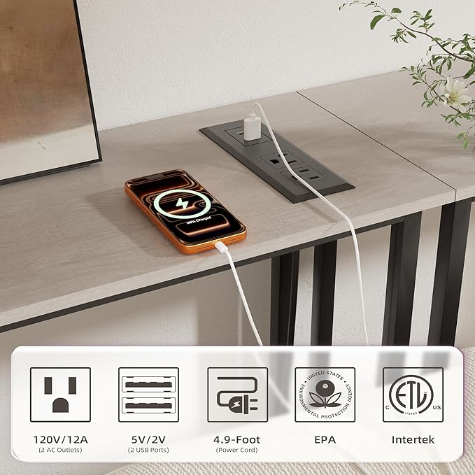 Narrow Console Table with Led Light and Charging Station,29.5" Small Entryway Table,Display Table,Entryway Hallway Thin Sofa Table Behind Sofa, Small Spaces, Living Room, Gray