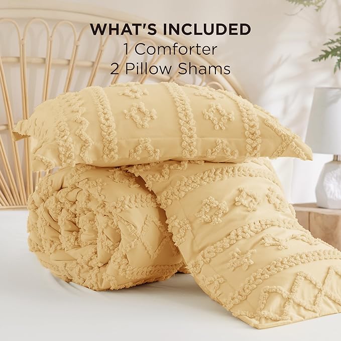 Bedsure Tufted Boho Comforter Set California King - Yellow Boho Bed Set, GentleSoft™ 3 Pieces Farmhouse Shabby Chic Embroidery Bedding, Gifts for Woman, Soft Jacquard Comforter for All Seasons