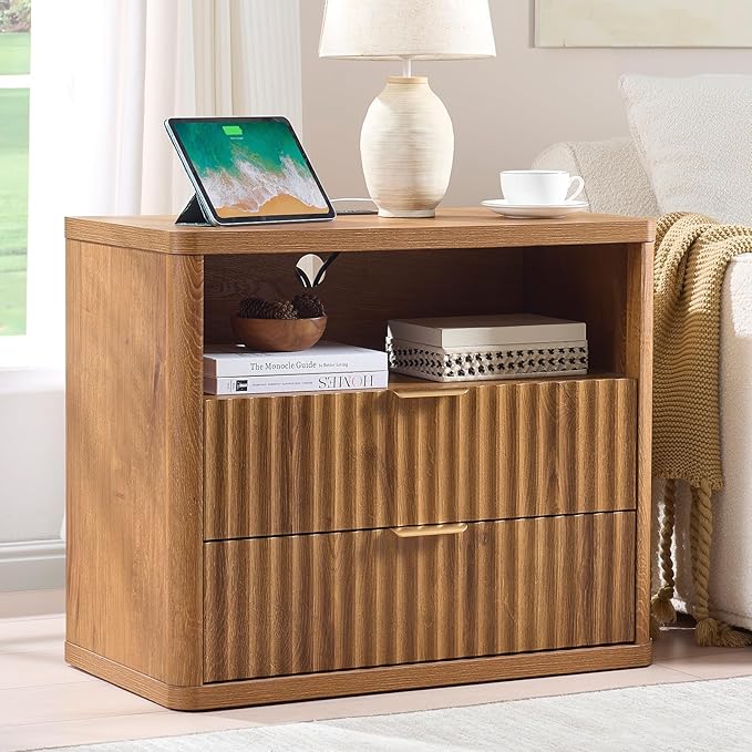 LEYAOYAO 31" Wide Fluted Nightstand with Charging Station, Oversized Extra Large 2 Drawers Night Stand,Brown Wood Bedside Table,Tall Bed Side End Tables,Modern Chest of Drawers Dressers for Bedroom