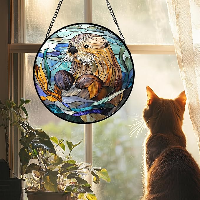 Stained Glass Suncatcher, Blue Ocean Cute Sea Otter Sun Catcher Stain Glass Window Hanging Decoration Mother's Day Birthday Gifts for Women Men Mom Nana 15 in
