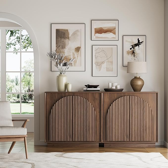 WIN2WIN Fluted Sideboard Buffet Cabinet with Storage, 31.5" Mid Century Modern Accent Cabinet with Double-Layered Arch Door, Small Wood Console Credenza for Dining Living Room Entryway Hallway, Walnut