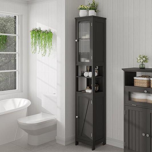 ChooChoo Tall Bathroom Storage Cabinet with Light,5-Tier Narrow Bathroom Cabinet with 2 Doors, Slim Storage Linen Cabinet Freestanding with Adjustable Shelves for Space Saving, Black