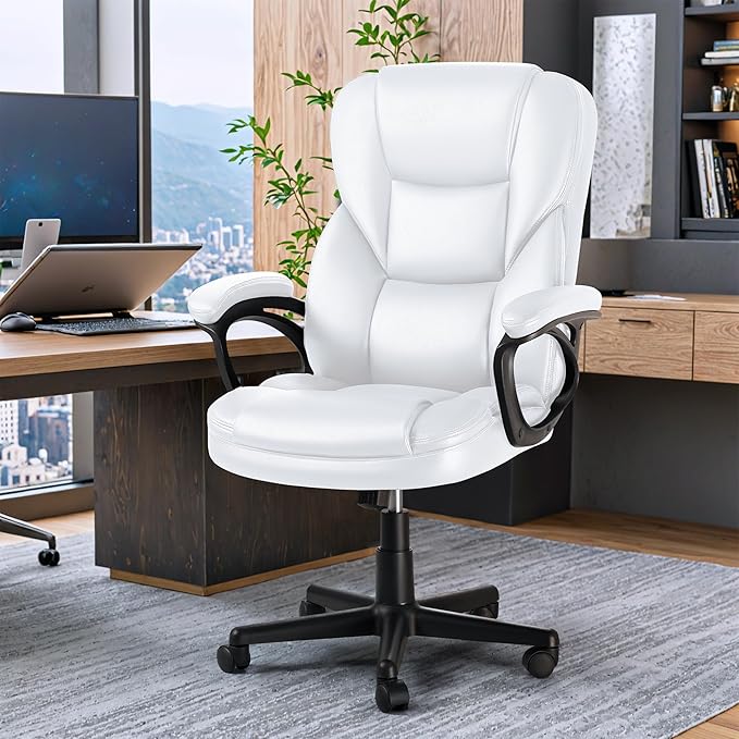 JUMMICO Executive Office Chair High Back Managerial Home Desk Chair, Adjustable Swivel Computer PU Leather Chair with Lumbar Support (White)