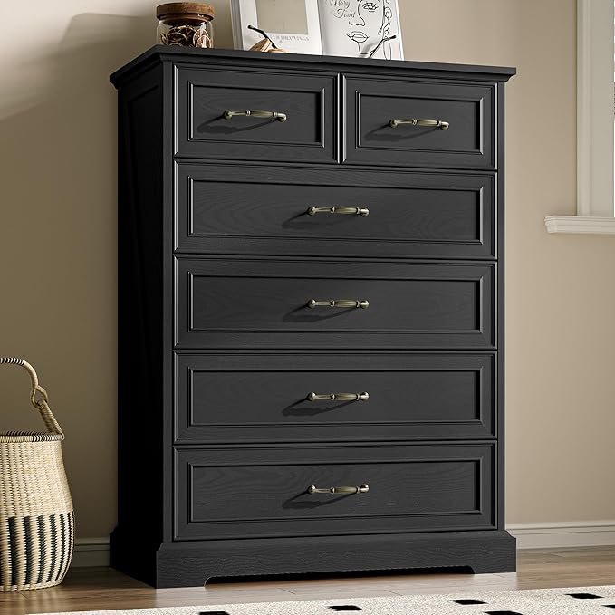 Farmhouse 6 Drawers Dresser for Bedroom, 43" Tall Wood Chest of Drawers with Deep Drawers & Bar Handles, Modern Dresser TV Stand, Rustic Wooden Closet Storage Organizer for Living Room, Hallway, Black