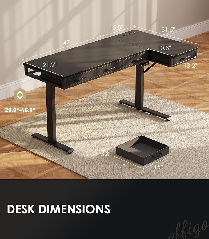 OffiGo 63 Inch L Shaped Electric Standing Desk with Drawers, Height Adjustable Large Desk with Power Outlets, Sit Stand Table, Writing Computer Desk for Home, Office, Workstation, Black