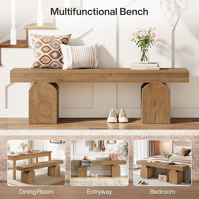 Tribesigns Entryway Bench, 59" Long Shoe Bench with Arched Bases, Wooden Indoor Bench for Entry Way, Living Room, Bedroom (Brown)
