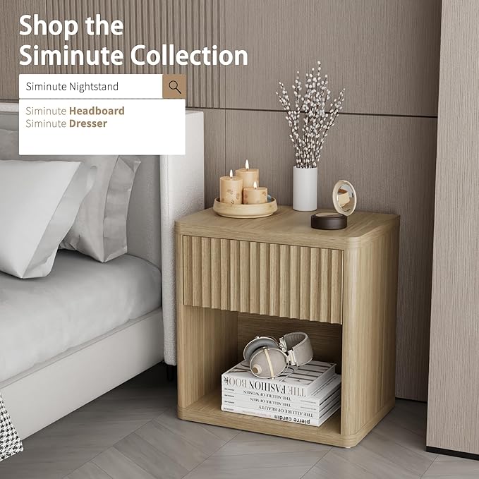 Large Modern Nightstand with Drawer Storage 22.8Inch Wide Fluted Bedside Table End Table for Bedroom, Living Room, Sofa, Couch, Home Office,Mid Century Bed Stands, Natural Color
