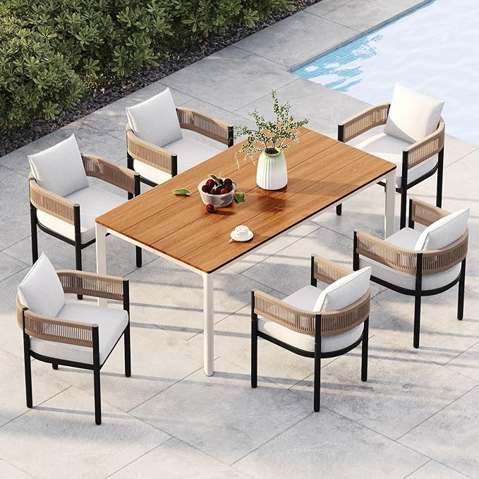 Grand patio 7-Piece Outdoor Dining Set for 6, Metal Woven Wicker Fixed Patio Chairs with Thickened Cushions & 1 Walnut-Like Aluminum Dining Table for Backyard Deck