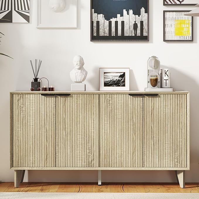 Fluted Cabinet with Storage, Buffet Storage with 4 Doors, Buffet Sideborad Accent Cabinet with Adjustable Shelves for Living Room, Kitchen, Entry, Hallway, Natural