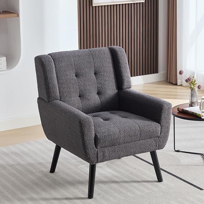 Dolonm Midcentury Modern Teddy Accent Chair with Arms, Upholstered Reading Side Chair Tufted Back Decorative Wingback Chair for Living Room Bedroom (Grey)