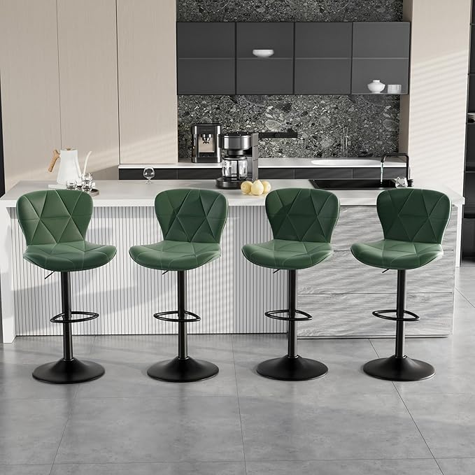 Bar Stools Set of 1,Adjustable Swivel Barstools, Faux Leather Bar Chairs,Upholstered Counter Height with High Backrest for Kitchen Island, Green