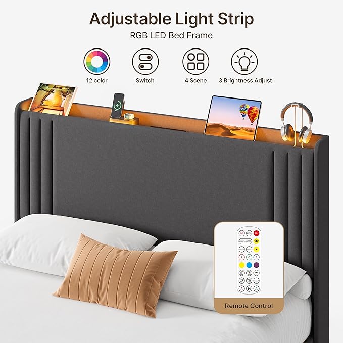 Gizoon Queen Bed Frame with Charging Station and LED Lights,Upholstered Wingback Platform Bed with Wooden Slats,Noise-Free,No Box Spring Needed