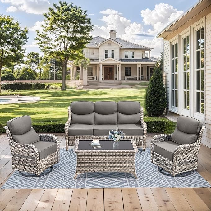 HUMMUH 6 inch Thick Cushion Wicker Patio Furniture Set with Outdoor Swivel Rocker Patio Chairs,High Back Outdoor Couch and Coffee Table for Porch Garden Deck