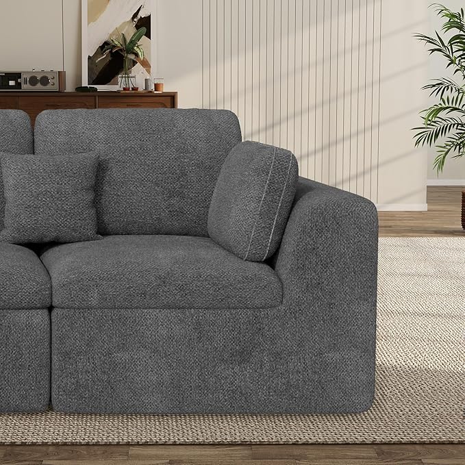 115" Cloud Boneless Sectional Couch, Deep Seat L Shaped Modular Couch with Ottoman, Oversized Upholstered Convertible 4 Seater Modular Sofa for Living Room,DarkGary Chenille