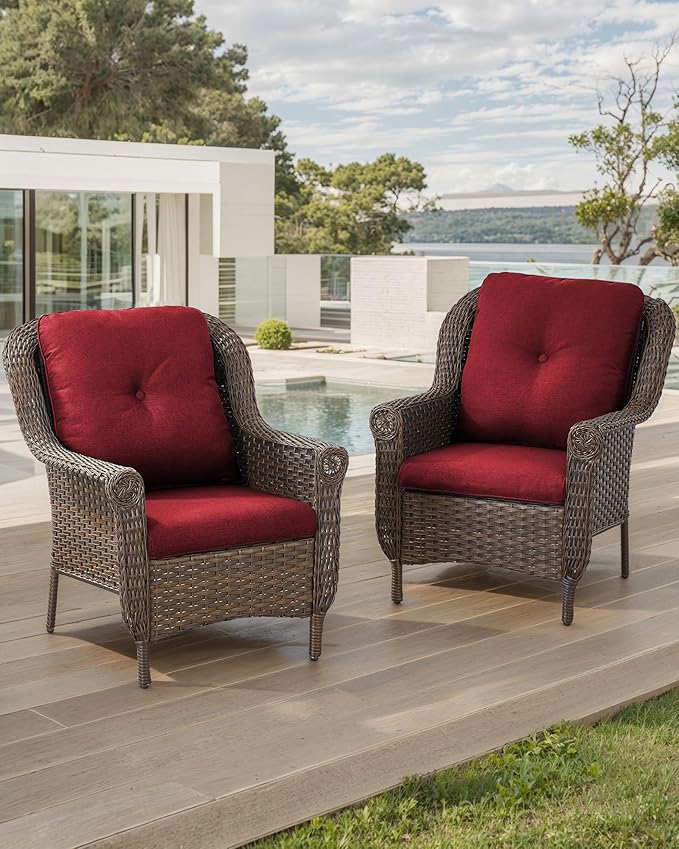 Patio Wicker Chairs Outdoor Furniture Chair - Set of 2 Outside All Weather Lawn Dining Brown Rattan Armchair with High Back&Deep Seating for Deck Porch Balcony Backyard Garden - Red