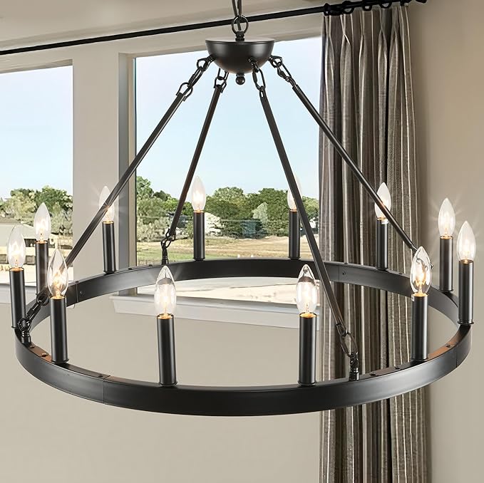 Black Wagon Wheel Chandelier 32 inch,12-Light Farmhouse Wagon Wheel Chandeliers Round Industrial Ceiling Light fixtures for Outdoor Porch high Ceilings Living Dining Room Foyer Entryway