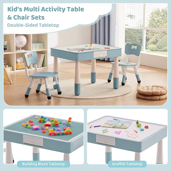4 in 1 Kids Table and 2 Chairs Set with Storage, Toddler Table and Chair Set for Kids Ages 3-10, Graffiti & Building Blocks Double-Sided Tabletop (Grayish Blue, 2 Chairs)