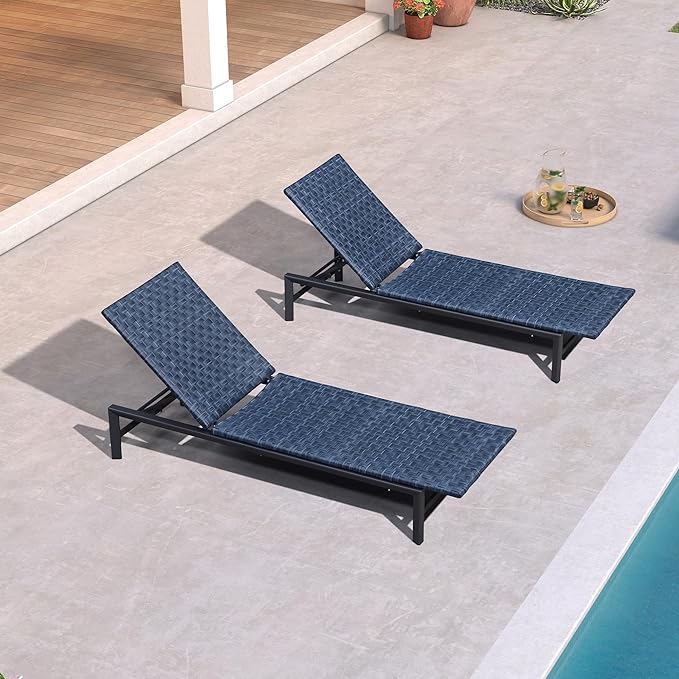 PURPLE LEAF Patio Oversized Chaise Lounge Rattan Chair Set of 2 Outdoor Pool Adjustable Recliner Wicker Chairs for Outside Woven Furniture Tanning Poolside Lounger Navy Blue