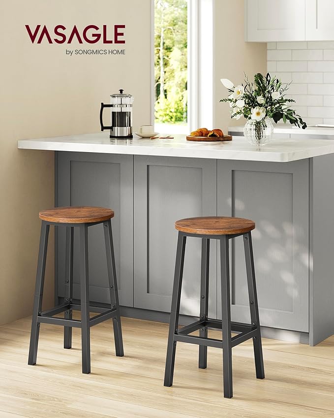 VASAGLE Bar Stools, Set of 2 Bar Chairs, Steel Frame, 25.2 Inch Tall, for Kitchen Dining, Easy Assembly, Industrial Design, Rustic Brown and Black ULBC32X