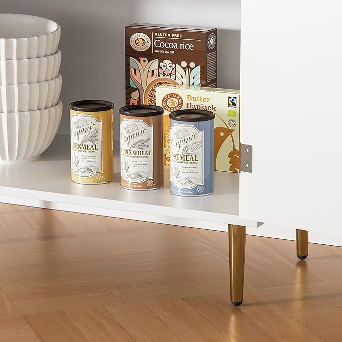 Buffet Sideboard Cabinet with 2 Doors, Modern Kitchen Cabinet with Golden Handles & Legs, Adjustable Shelf, Accent Coffee Bar Storage Sideboard for Kitchen, Living Room, White