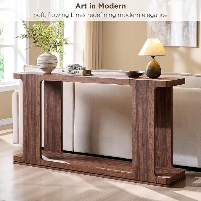 OKD 63 Inch Modern Entryway Console Table, 2-Tier Long Sofa Table Behind Couch with Curved Edge, Wood Farmhouse Narrow Entry Table for Hallway, Living Room, Foyer, Entrance, Rustic Walnut