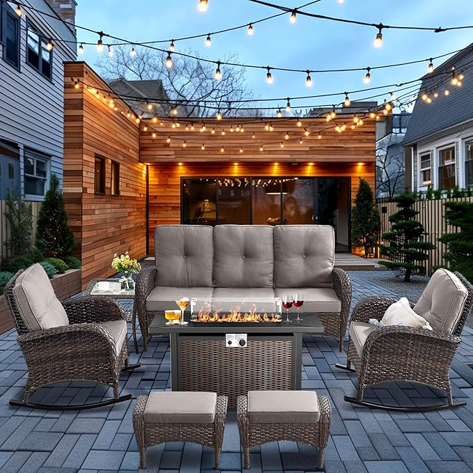 HUMMUH 7-Piece Outdoor Patio Furniture with Fire Pit Set,Wicker Patio Sofa Set Outdoor Rocking Chairs with Ottomans for Backyard,Poolside,Deck