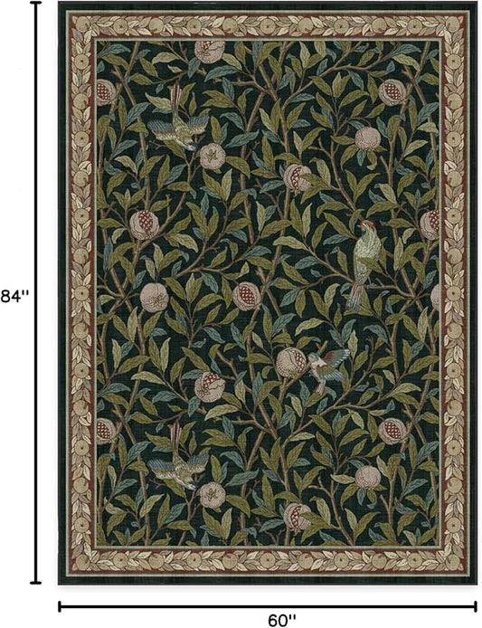 RUGGABLE x Morris & Co Washable Area Rug – Pomegranate Blue Green 5x7, Stain-Resistant, Non-Slip – Medium Machine Washable Rugs for Living Room, Bedroom, Hallway, Entryway & Office–with Standard Pad