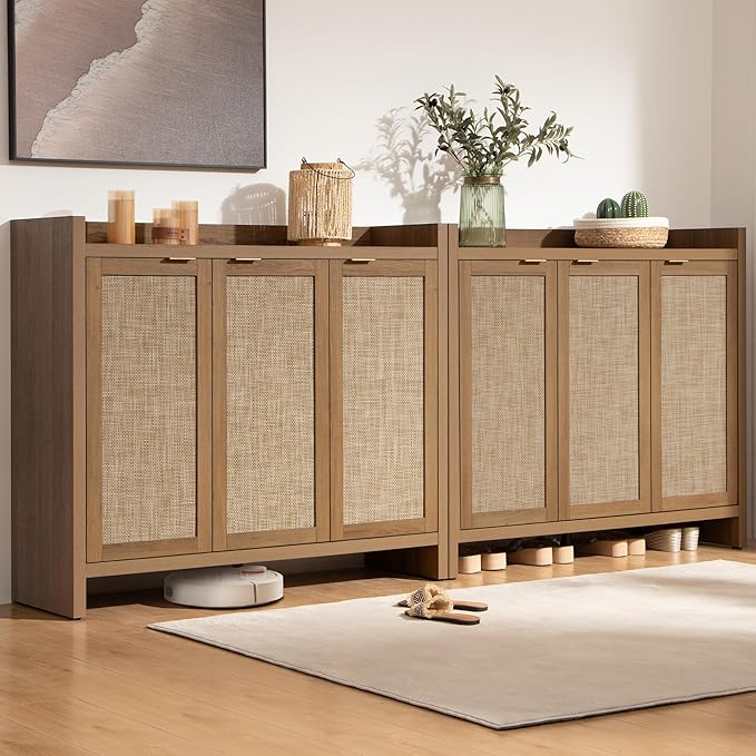 SICOTAS Shoe Storage Cabinet, 30 Pairs Rattan Shoe Cabinet Storage for Entryway, 6-Tier 41" Tall Large Shoe Cabinet, Boho Farmhouse Cabinet with Doors for Entryway Hallway Living Room Closet