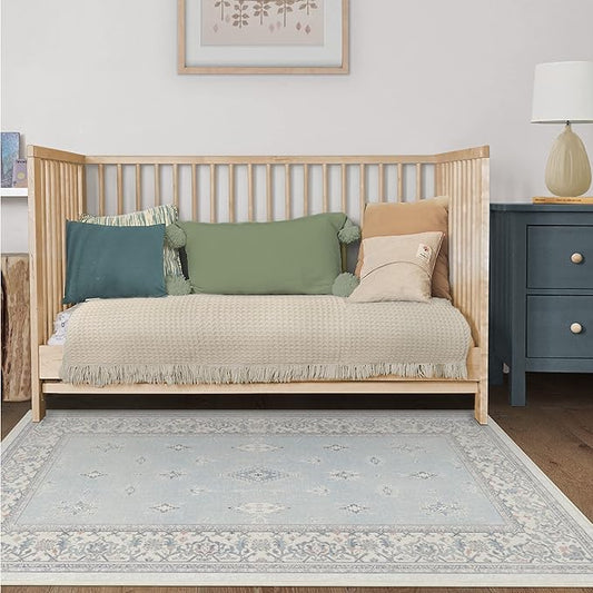 RUGGABLE Washable Vintage Area Rug – Verena Soft Blue 3x5, Stain-Resistant, Non-Slip – Small Machine Washable Rugs for Living Room, Bedroom, Hallway, Entryway & Office–with Cushioned Pad