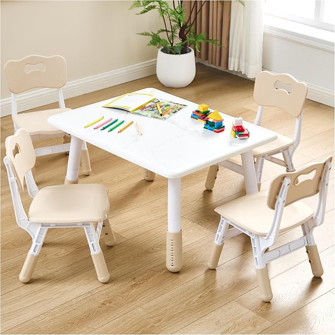 Adjustable Kids Table Chairs Set – Graffiti Desktop, Multi-Activity Height-Adjustable Toddler Study Desk for Ages 3-8 – Ideal for Home, Classroom, Daycare (B-Brown, 4 Chairs-31.5" L x 23.6" W)