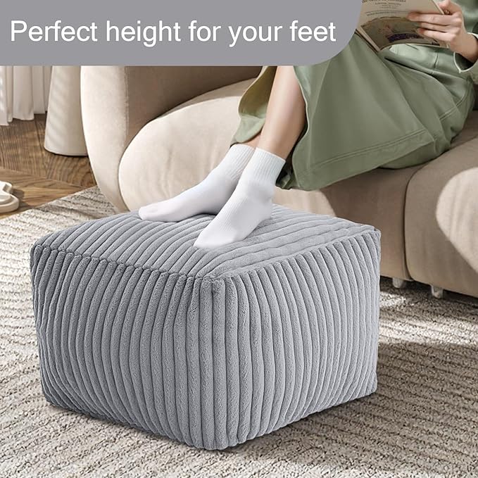 MeMoreCool Square Stuffed Pouf Ottoman Foot Rest, Stripe Furry Floor Pouf Foot Stool with Foam Chunk Filling, Soft Fluffy Stuffed Ottoman Footrest for Living Room, Faux Fur Grey