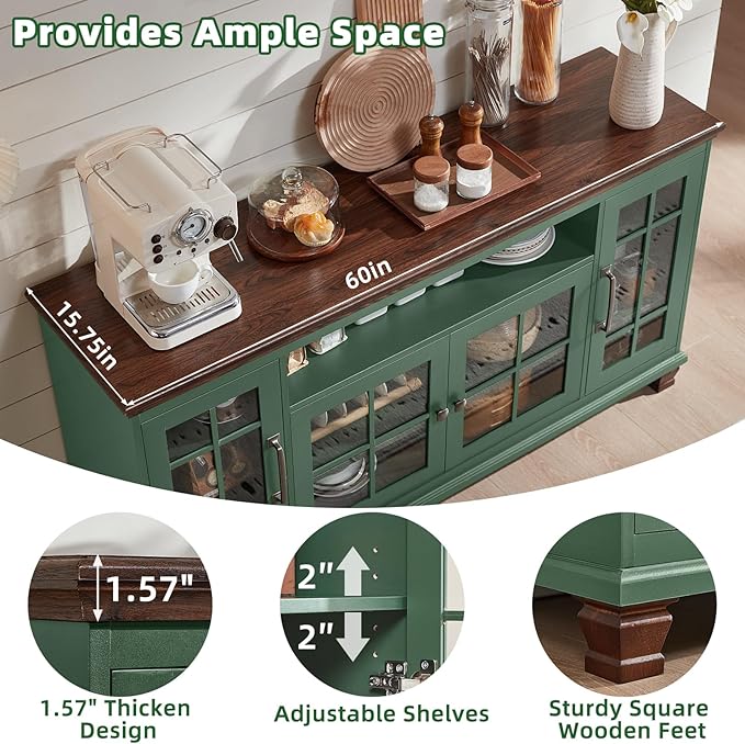 Large Sideboard Buffet Cabinet with Storage, Vintage Green Farmhouse 60" Wide Credenza Accent Cabinets with Glass Doors & Wood Legs, Kitchen Coffee Bar Table for Dining Room, Living Room