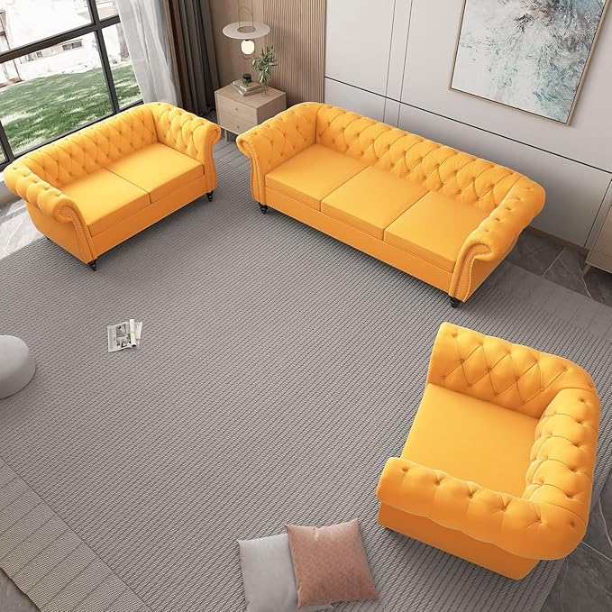 Chesterfield Loveseat Sofa, Modern Velvet Small Sofa Couch 2 Seater with Rolled Arms and Nailhead, Mid Century Modern Loveseat Couch for Small Spaces Living Room Bedroom Apartment, Yellow