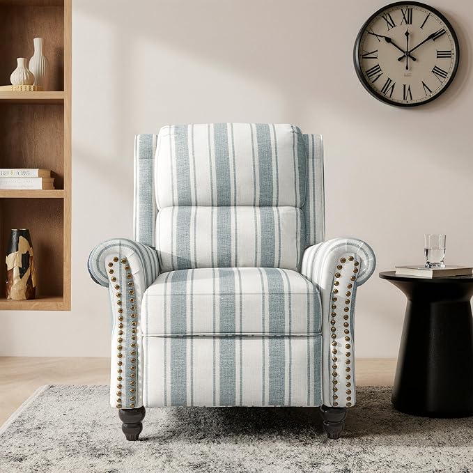 Lumibee Recliner Chair,Pushback Armchair for Small Spaces,Adjustable Backrest & Footrest Accent Chair in Comfy Fabric for Living Room, Bedroom-Stripe Blue