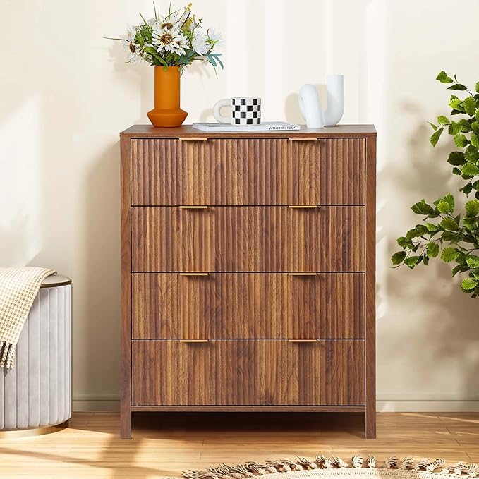 Fluted 4 Drawer Tall Dresser for Bedroom, Mid Century Modern Nightstand with Drawers, Tall Bedside Table for Closet Cloth, Living Room End Table with Storage for Dorm -Walnut