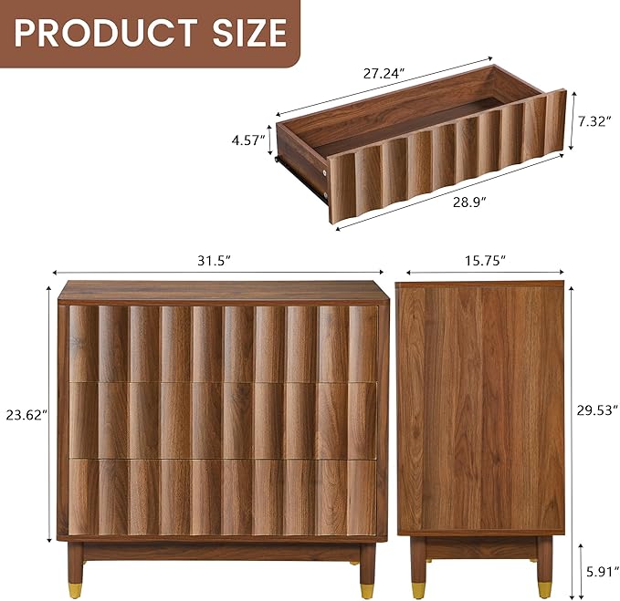 Fluted 3 Drawer Dresser, 31.5" Wide Modern Storage Chest of Drawers, Wood Drawer Organizer for Bedroom, Living Room, Hallway