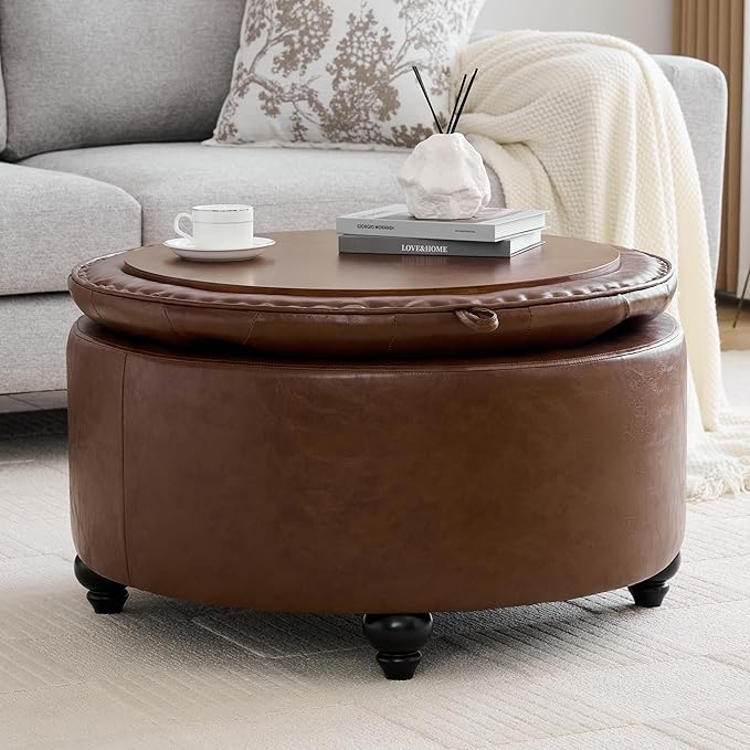 30Inch Round Storage Ottoman with Tray, Modern Tufted Leather Circle Coffee Table with Storage, Upholstered Ottoman with Removable Top for Living Room, Bedroom, Leather Coffee