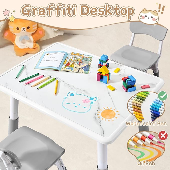 Adjustable Kids Table Chairs Set – Graffiti Desktop, Multi-Activity Height-Adjustable Toddler Study Desk for Ages 3-8 – Ideal for Home, Classroom, Daycare (B-Gray, 4 Chairs-31.5" L x 23.6" W)