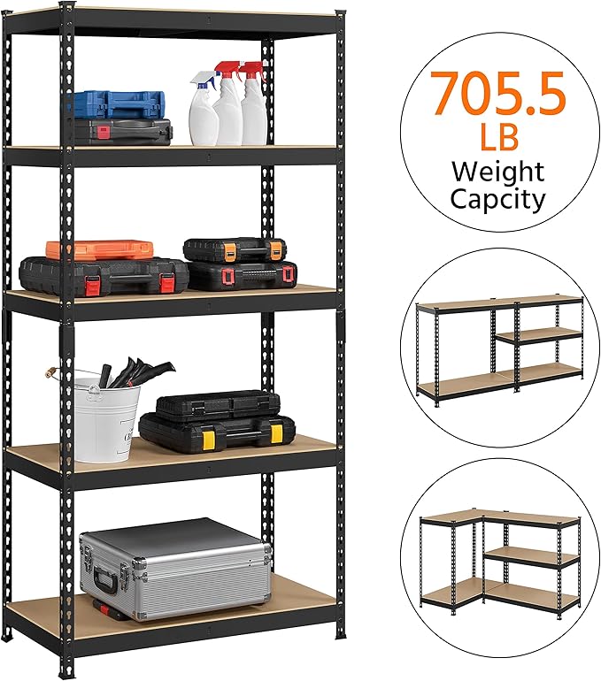 Yaheetech Storage Shelves 5 Tier Garage Shelving Heavy Duty Garage Shelves Adjustable Metal Shelving Unit Utility Rack Industrial Shelving for Warehouse Pantry Closet, 35.5″W × 17.5″D × 72″H, Black