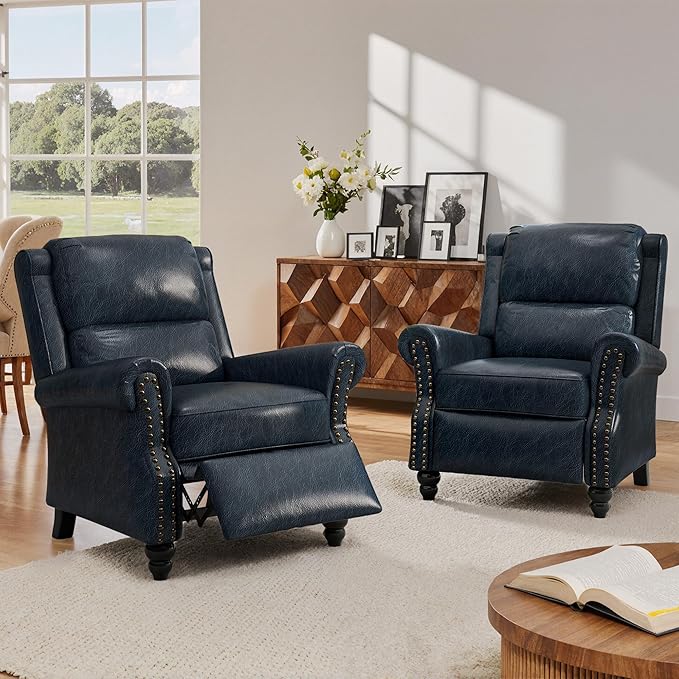 Lumibee Pushback Recliner Chair,Upholstered Wingback Chair for Small Spaces,2 Set of PU Leather Armchair for Living Room,Single Sofa Accent Chair Reading Seat for Balcony,Bedroom-Navy Blue