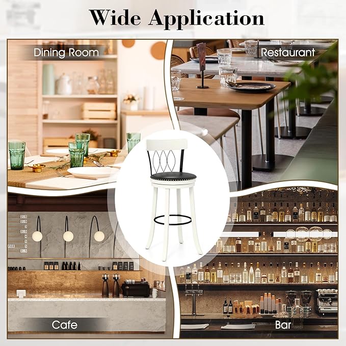 COSTWAY Bar Stools Set of 2, 30” Seat Height Swivel Barstools with Ergonomic Backrest, Soft Cushion & Footrest, Rubber Wood Bar Height Bar Chairs Upholstered Dining Chairs for Kitchen Island