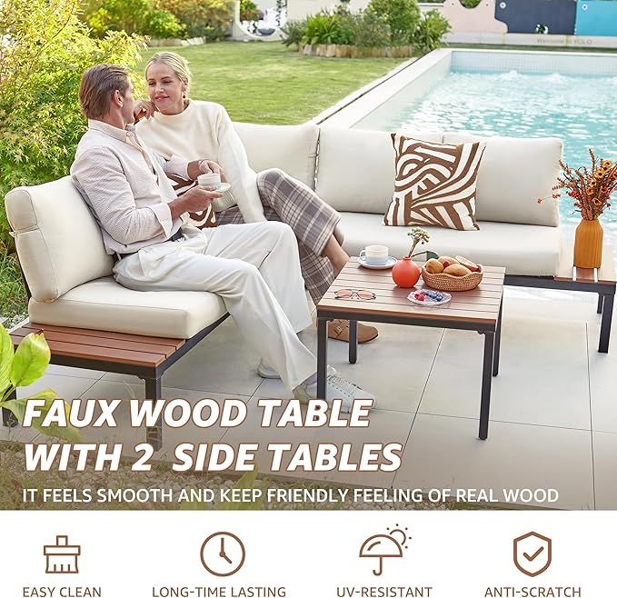 NATURAL EXPRESSIONS Patio Furniture Sets, Metal Outdoor Sectional L Shape Corner Sofa Outdoor Couch with Detachable Backrest,3 Fauxwood Tables,Black Frame,Beige Olefin Cushions for Yard,Garden