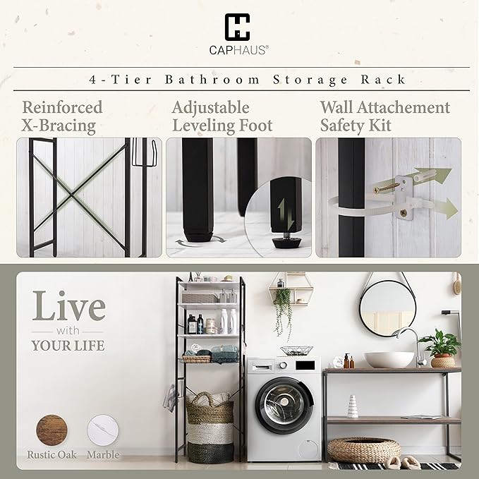 CAPHAUS Over The Toilet Storage, 4-Tier Bathroom Organizer, Freestanding Toilet Shelf, Multifunctional Space Saver Toilet Rack with 4 Hooks, Laundry Organizer, Plant Stand for Balcony (Marble White)