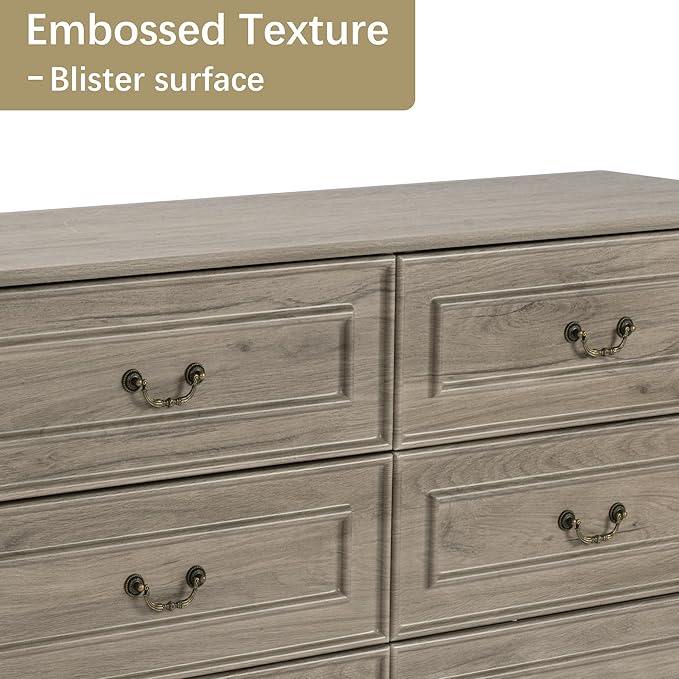 Farmhouse 6 Drawers Dresser for Bedroom, 47'' Wide Rustic chests of Drawers with Natural Texture, Wood Dresser Vintage Design, Storage Dressers Organizer, Grey