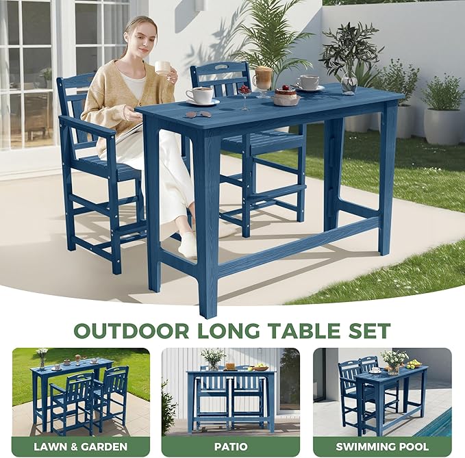 HDPE Outdoor Patio Bar Set with High Top Table and 2 Adirondack Chairs, All-Weather Bar Height Outside Rectangular Pub Furniture for Bistro, Garden, Backyard, Deck | 3-Pieces, Navy Blue