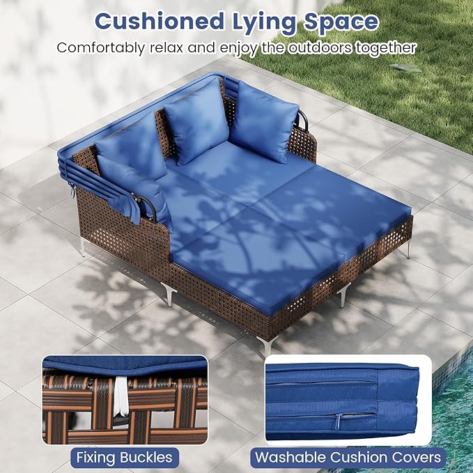 HAPPYGRILL Outdoor Daybed with Retractable Canopy, PE Wicker Rattan Patio Double Chaise Lounger with Cushions, Outside Sunbed Furniture for Garden, Poolside and Backyard (Navy)
