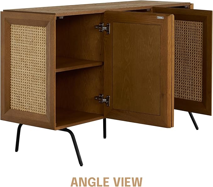 NTC MOSSIC Modern Sideboard with 3 Doors, Natural Rattan Storage Cabinet, Buffet with Metal Legs, Boho Accent Cabinet for Living Room, and Entryway, Effortless Assembly - Rustic Oak